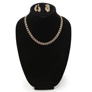 Vintage Gold Tone Flat Curb Chain Necklace & Matching Dangle Hoop Earrings Set